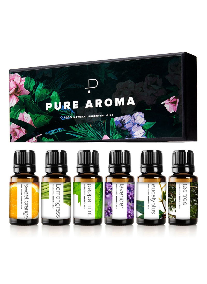 Pure Aroma Essential Oils by Pure Aroma 100% Pure Oils Kit- Top 6 Aromatherapy Oils Gift Set-6 Pack, 10ml(Eucalyptus, Lavender, Lemongrass, Sweet Orange, Peppermint, Tea Tree)  - Image 1