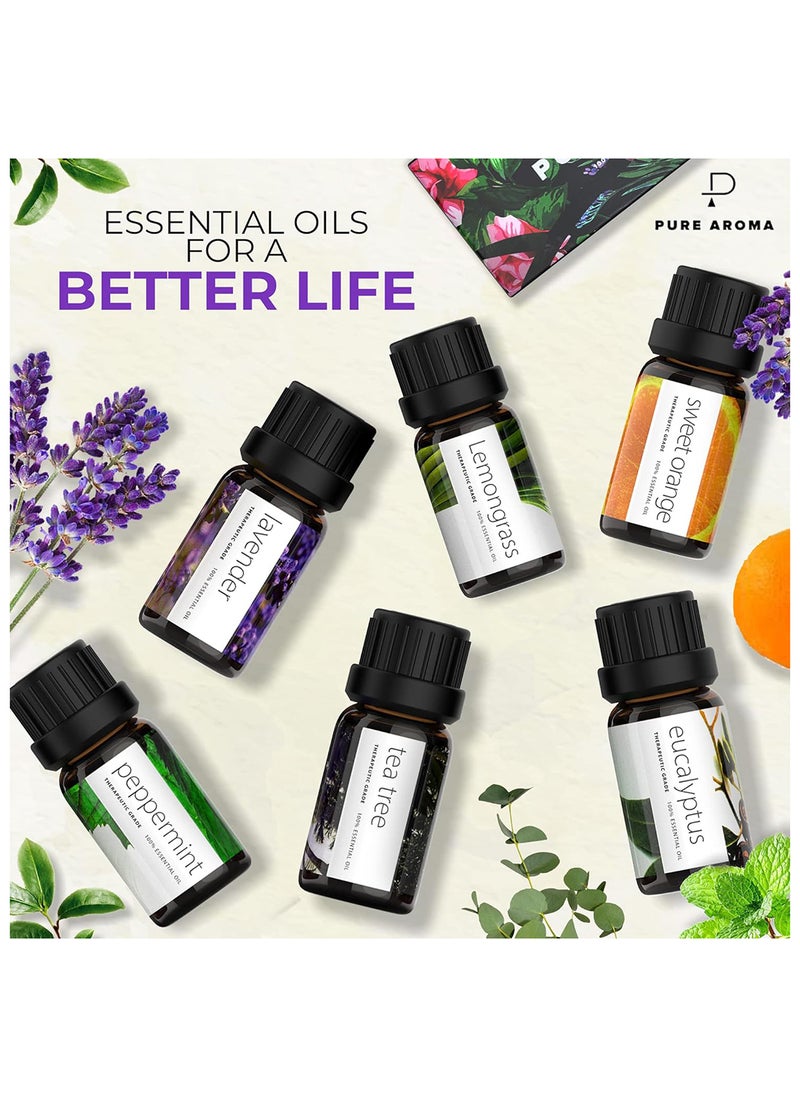 Pure Aroma Essential Oils by Pure Aroma 100% Pure Oils Kit- Top 6 Aromatherapy Oils Gift Set-6 Pack, 10ml(Eucalyptus, Lavender, Lemongrass, Sweet Orange, Peppermint, Tea Tree)  - Image 2