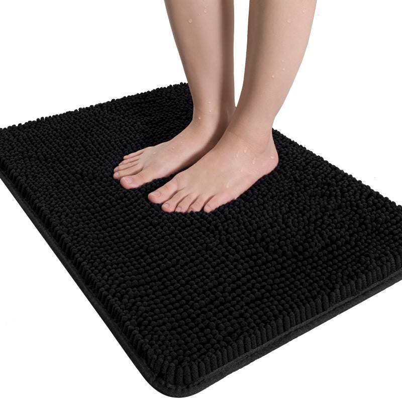 LOCHAS Luxury Bathroom Rug Shaggy Bath Mat 24 x 36 Inch Washable Non Slip Bath Rugs for Bathroom Shower Soft Plush Chenille Absorbent Carpets Mats Black