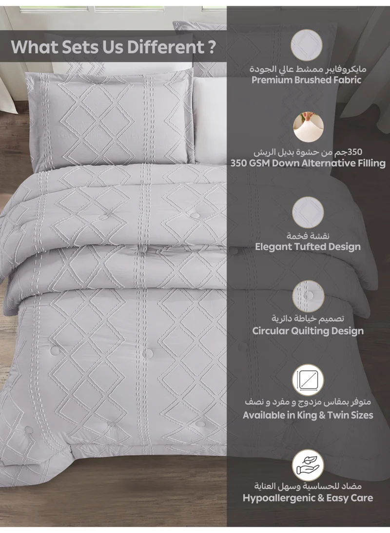 Donetella Bedding Comforter Set Single Size, 4-Pcs Bed Set Fits 140X200 Cms -Tufted Embroidery Set-All Season- 350 GSM Brushed Microfiber (طقم مفرش سرير فندقي)