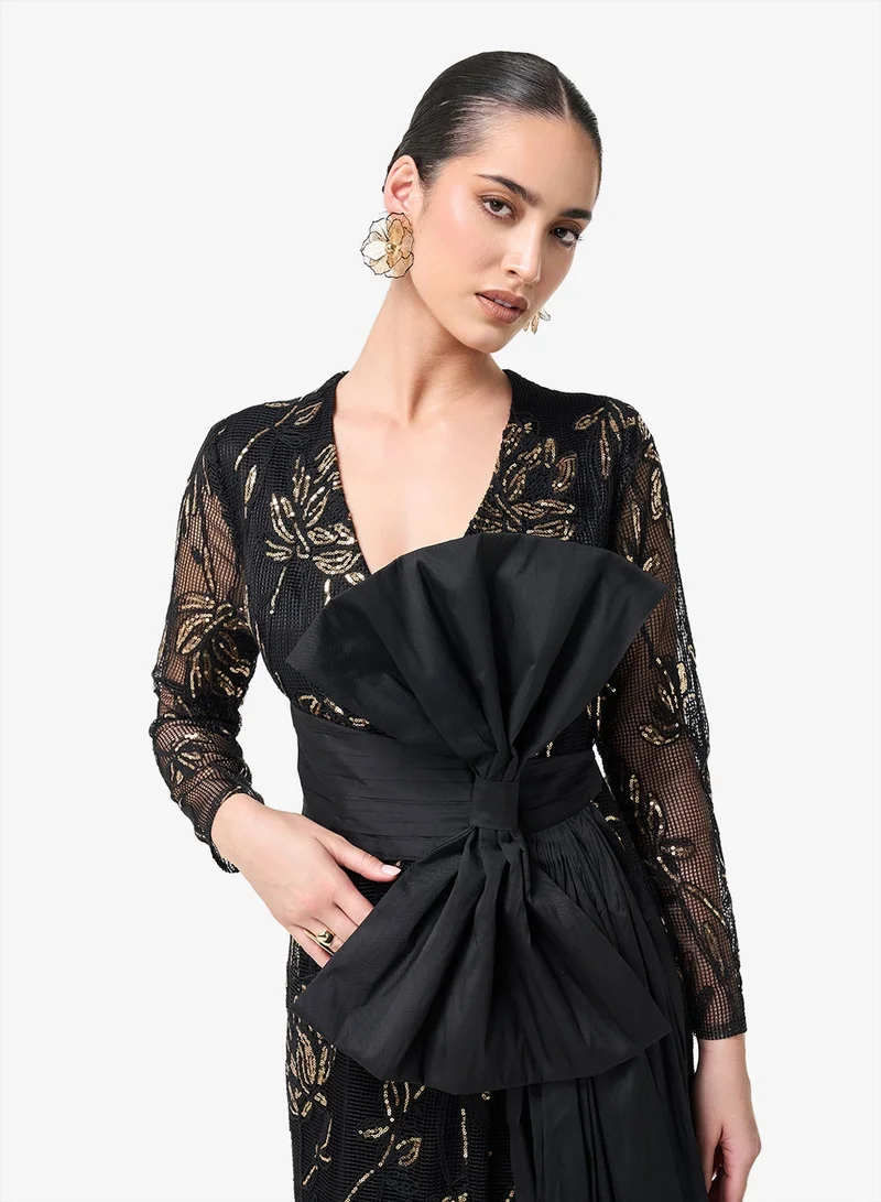Threadz by Ajooni  V-Neck Bow Detail Maxi Dress for Women | Best Price UAE