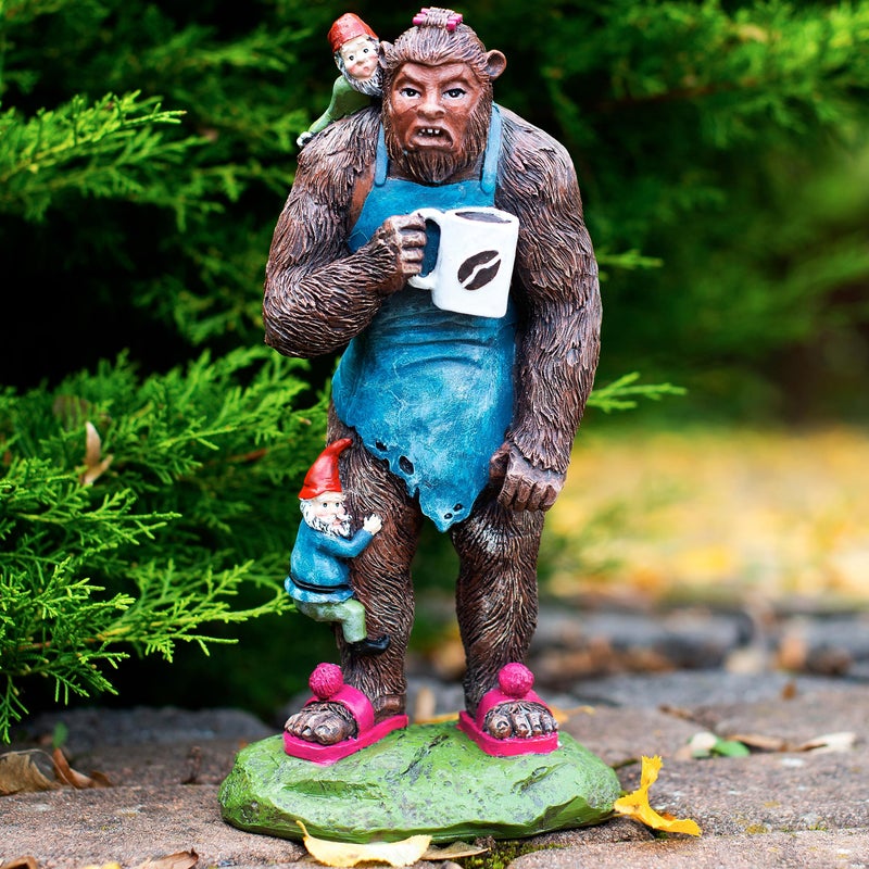 Redwix Bigfoot Statue 11 inch Garden Gnomes Outdoor Sasquatch Statue with Cup of Coffee for Outdoor Decor Garden Statues Outdoor Clearance Bigfoot Gifts Sasquatch Gifts 