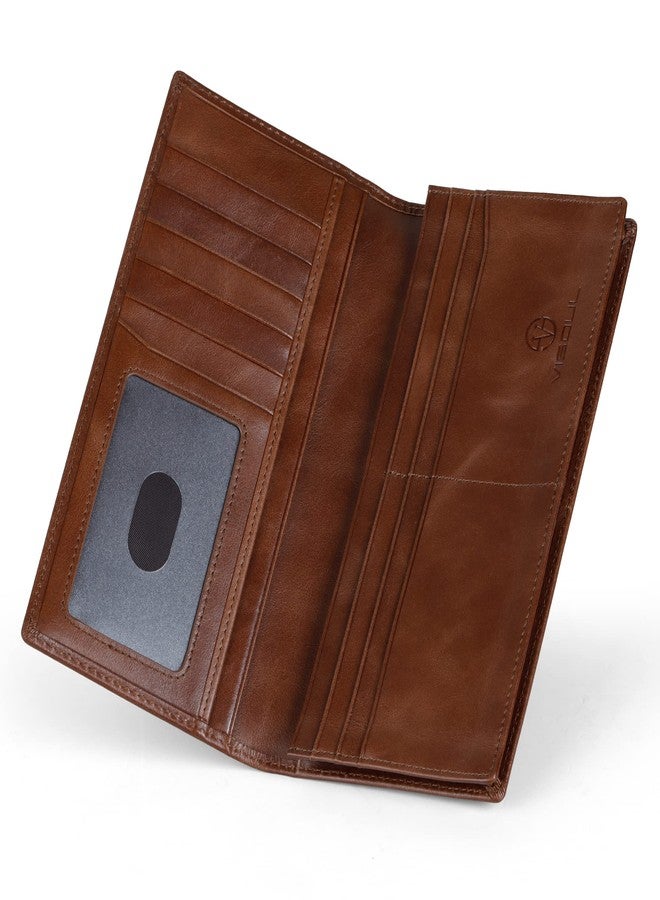 VISOUL Leather Checkbook Cover Wallet for Men with RFID Blocking, Mens Long Bifold Cash Tall Wallet with 11 Credit Card Slots 1 ID Window (Brown) - Image 2