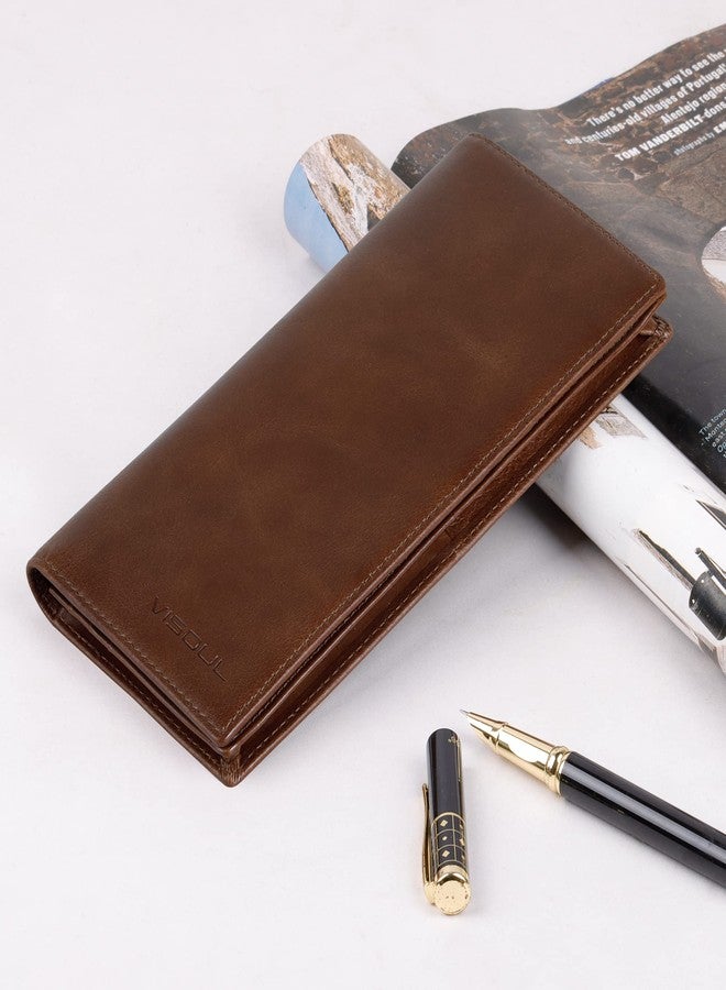 VISOUL Leather Checkbook Cover Wallet for Men with RFID Blocking, Mens Long Bifold Cash Tall Wallet with 11 Credit Card Slots 1 ID Window (Brown) - Image 5