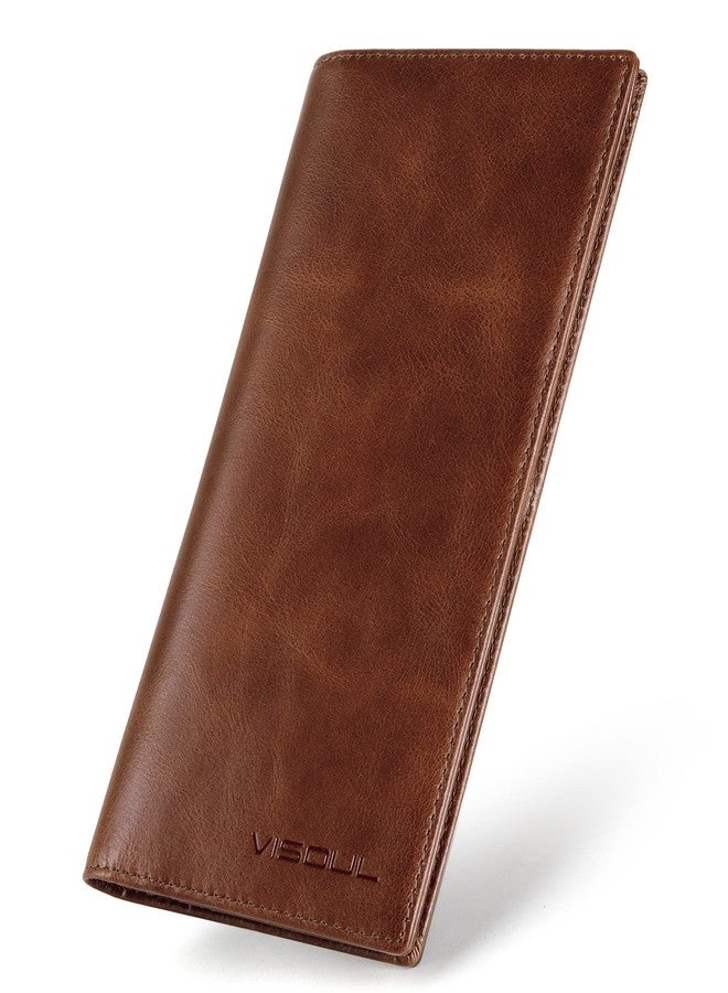 VISOUL Leather Checkbook Cover Wallet for Men with RFID Blocking, Mens Long Bifold Cash Tall Wallet with 11 Credit Card Slots 1 ID Window (Brown) - Image 1