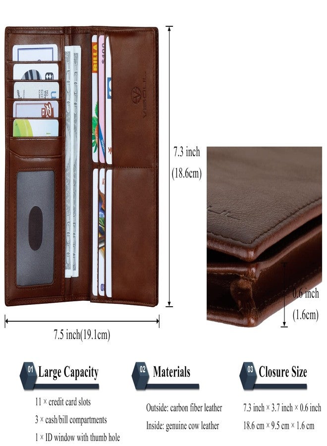 VISOUL Leather Checkbook Cover Wallet for Men with RFID Blocking, Mens Long Bifold Cash Tall Wallet with 11 Credit Card Slots 1 ID Window (Brown) - Image 3