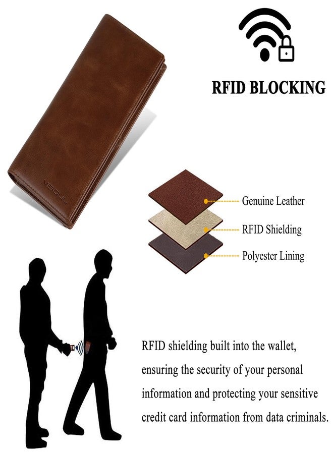 VISOUL Leather Checkbook Cover Wallet for Men with RFID Blocking, Mens Long Bifold Cash Tall Wallet with 11 Credit Card Slots 1 ID Window (Brown) - Image 4