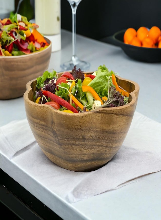 WRIGHTMART Round Wooden Serving Bowl, Circular Scalloped Shape, Hand Carved Acacia Wood Bowl for Food, Salad, Fruit, Popcorn, Decorative Display, for the Dining Table and Kitchen, 10" x 4.5" - Image 2