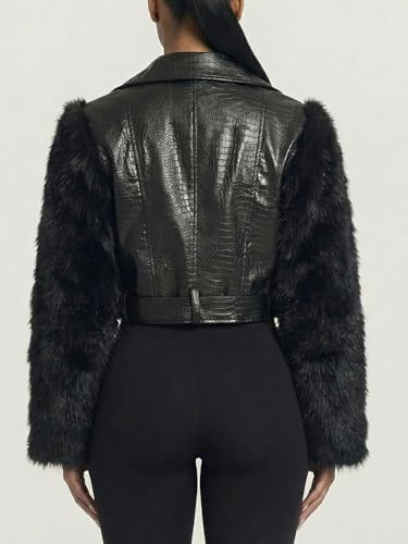 Akmipoem Leather Jacket Women Cropped PU Moto Coat Faux Fur Sleeve Short Biker Jackets Fall Streetwear with Belt Black L - Image 5