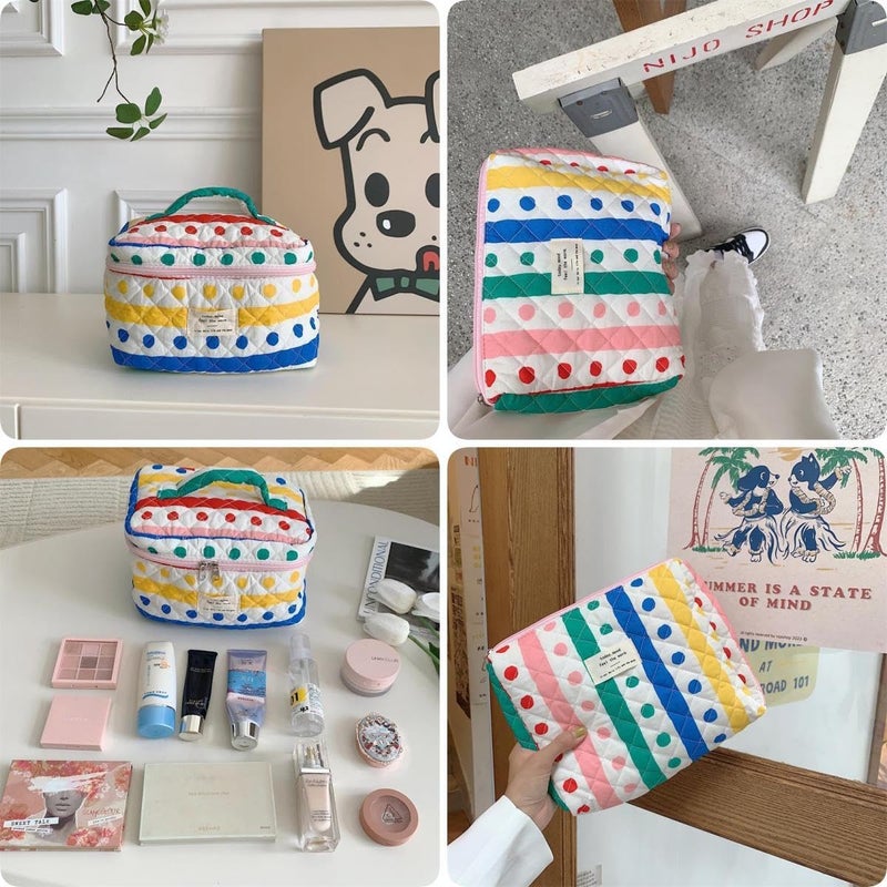 Fcteap Makeup Bag Travel Essentials Quilted Cosmetic Toiletry Pouch Organizer Insert for Women Dorm Room Essential Gift Large Capacity Opening Lightweight Cute Aesthetic Portable 2PCS (Colorful Dots) - Image 3