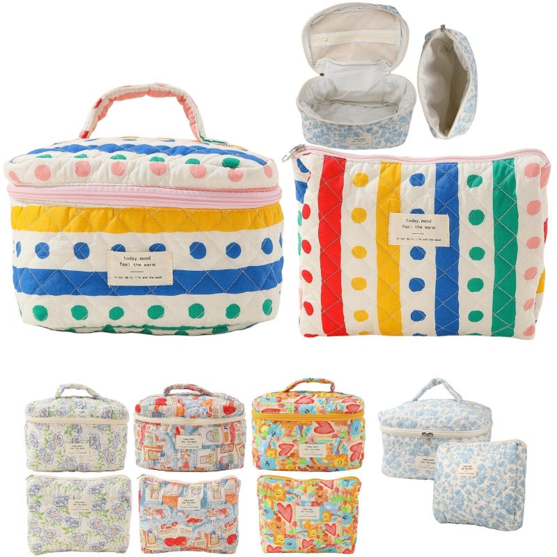 Fcteap Makeup Bag Travel Essentials Quilted Cosmetic Toiletry Pouch Organizer Insert for Women Dorm Room Essential Gift Large Capacity Opening Lightweight Cute Aesthetic Portable 2PCS (Colorful Dots) - Image 1