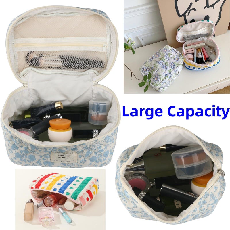 Fcteap Makeup Bag Travel Essentials Quilted Cosmetic Toiletry Pouch Organizer Insert for Women Dorm Room Essential Gift Large Capacity Opening Lightweight Cute Aesthetic Portable 2PCS (Colorful Dots) - Image 4