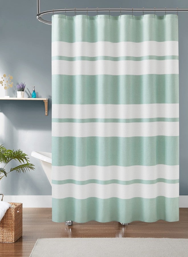 LinenZone 70" Wide x 72" Long Waffle Shower Curtain. Mint Green Shower Curtain with White Stripes. Adorable Stripes for Modern Or Hotel Decor. (Waffle 70 x 72 Mint) - Image 1