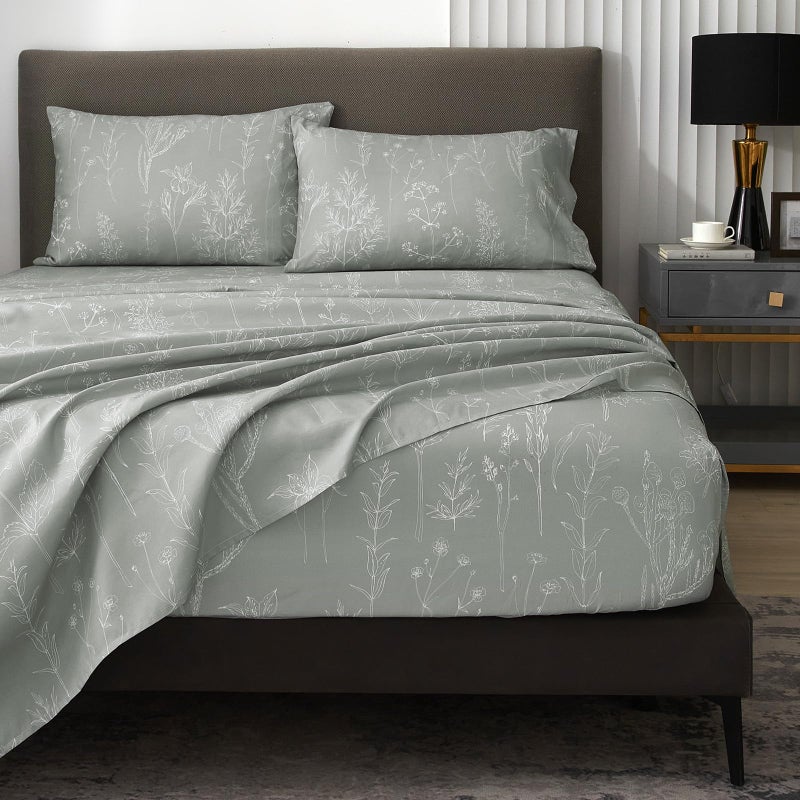 HYPREST Grey King Size Sheets, 18 Inch Deep Pocket King Sheets Botanical Pattern Sheet Luxury Rustic Soft Hotle Quality-1800 Threat Count - Image 1