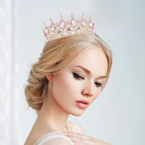 YOUlDIANZI تاج ملكة YOUlDIANZI مزين بالأحجار الكريمة لتاج الزفاف وتيجان للنساء لملحقات الشعر في حفلات التنكر وتاج عيد الميلاد الكريستالي (تاج وردي ذهبي) - Image 3