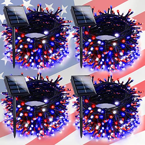 4th of July Decorations Outdoor 4pk Red White and Blue Solar String Lights 400LED 132FT LED Patriotic Light Waterproof Solar Fairy Twinkle Light for Independence Day Yard Garden Tree Decorations