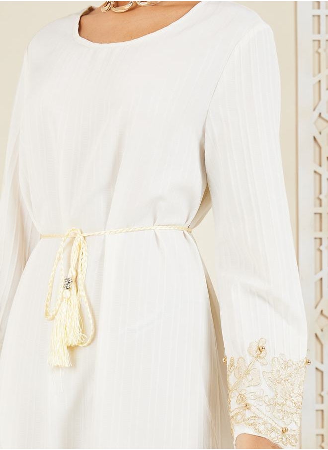 Styli - Embroidered Lace Trim Detail Jalabiya with Self Tie Up - Image 1