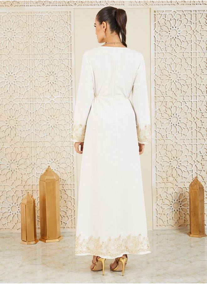 Styli - Embroidered Lace Trim Detail Jalabiya with Self Tie Up - Image 1