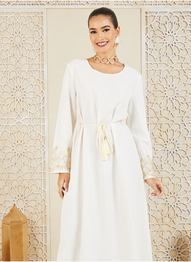 Styli - Embroidered Lace Trim Detail Jalabiya with Self Tie Up - Image 1