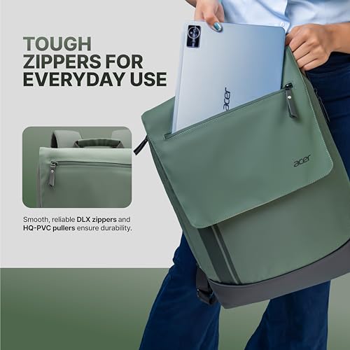 Acer UrbanLite Slim Backpack | Lightweight Travel & Office Bag | PU Molded Handle | Anti-Theft Pocket | Padded Laptop Compartment | Air-Mesh Back | Black & Forest Green | Water-Resistant Fabric - Image 2