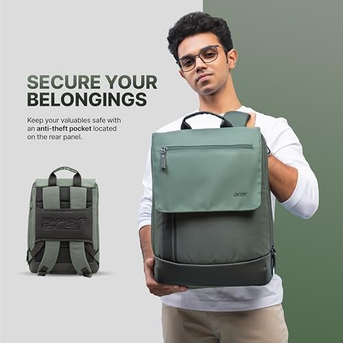 Acer UrbanLite Slim Backpack | Lightweight Travel & Office Bag | PU Molded Handle | Anti-Theft Pocket | Padded Laptop Compartment | Air-Mesh Back | Black & Forest Green | Water-Resistant Fabric - Image 4