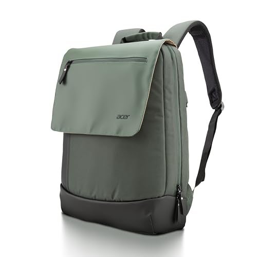 Acer UrbanLite Slim Backpack | Lightweight Travel & Office Bag | PU Molded Handle | Anti-Theft Pocket | Padded Laptop Compartment | Air-Mesh Back | Black & Forest Green | Water-Resistant Fabric - Image 1