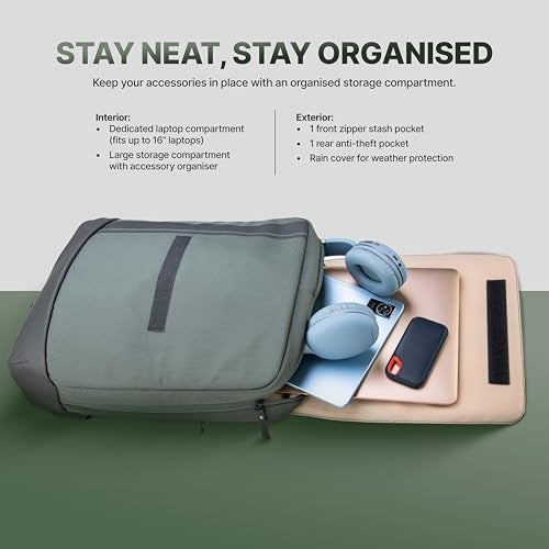 Acer UrbanLite Slim Backpack | Lightweight Travel & Office Bag | PU Molded Handle | Anti-Theft Pocket | Padded Laptop Compartment | Air-Mesh Back | Black & Forest Green | Water-Resistant Fabric - Image 5