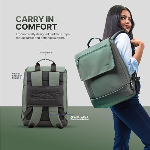 Acer UrbanLite Slim Backpack | Lightweight Travel & Office Bag | PU Molded Handle | Anti-Theft Pocket | Padded Laptop Compartment | Air-Mesh Back | Black & Forest Green | Water-Resistant Fabric - Image 3