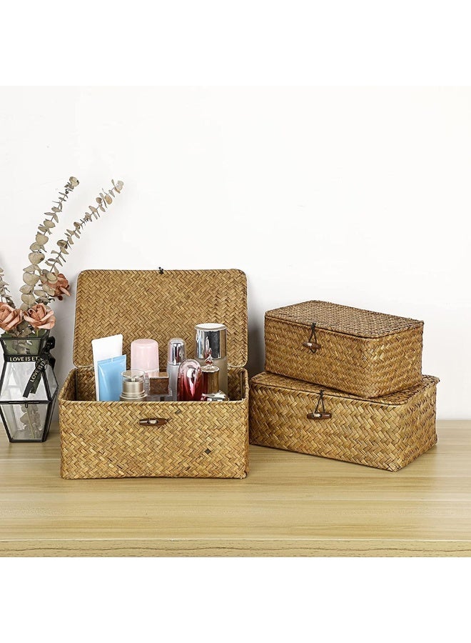 Woven Wicker Storage Bins with Lids – Set of 3 Rectangular Seagrass Baskets, Rattan Organizer for Closet, Shelf & Home Storage - Image 3