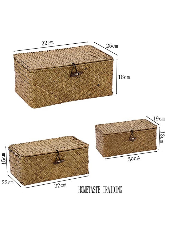 Woven Wicker Storage Bins with Lids – Set of 3 Rectangular Seagrass Baskets, Rattan Organizer for Closet, Shelf & Home Storage - Image 2
