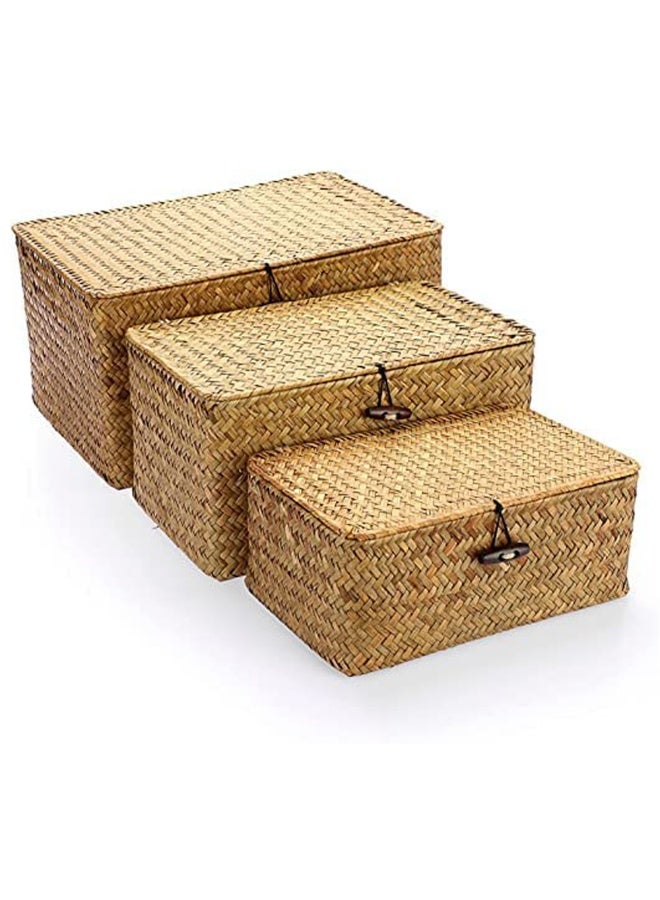 Woven Wicker Storage Bins with Lids – Set of 3 Rectangular Seagrass Baskets, Rattan Organizer for Closet, Shelf & Home Storage - Image 5