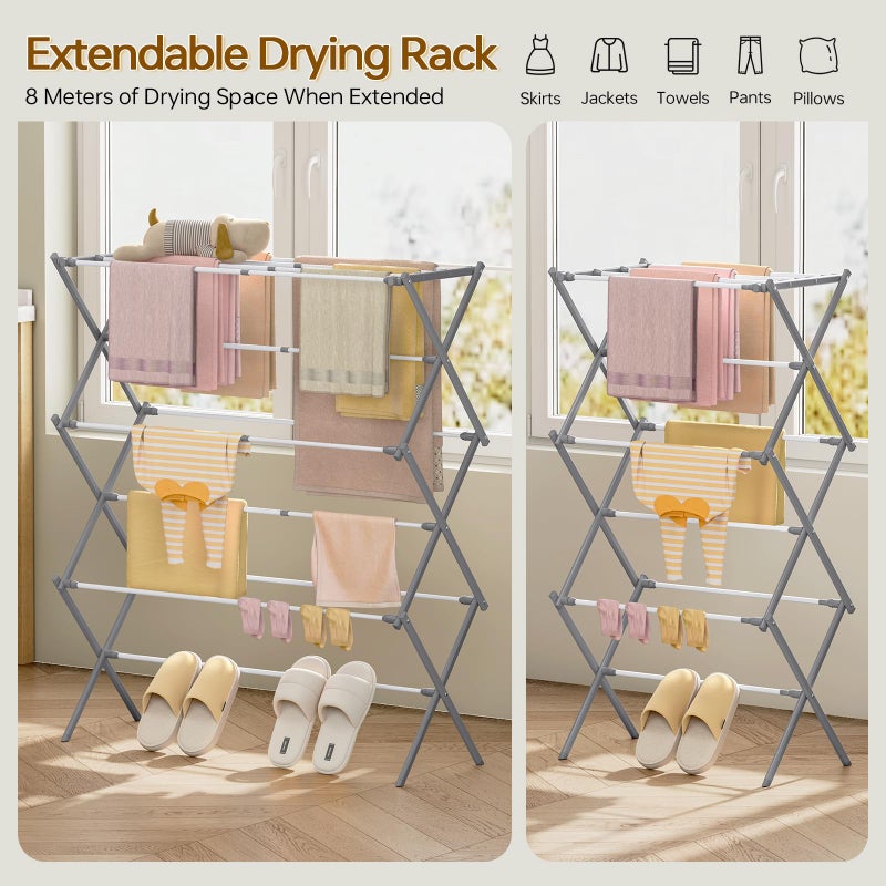 KINGBOARD Clothes Drying Rack, Collapsible Drying Rack Clothing with 11 Poles, 3-Tier Laundry Drying Rack, Small Clothes Drying Rack Foldable for Baby Clothes, 25lb Capacity, Grey - Image 5