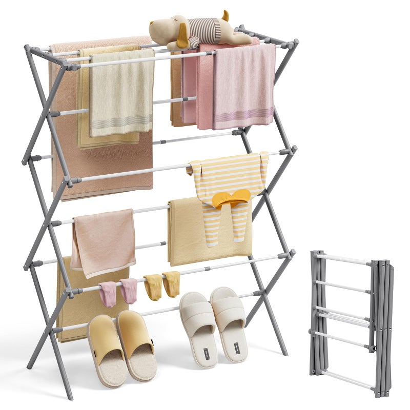 KINGBOARD Clothes Drying Rack, Collapsible Drying Rack Clothing with 11 Poles, 3-Tier Laundry Drying Rack, Small Clothes Drying Rack Foldable for Baby Clothes, 25lb Capacity, Grey - Image 1