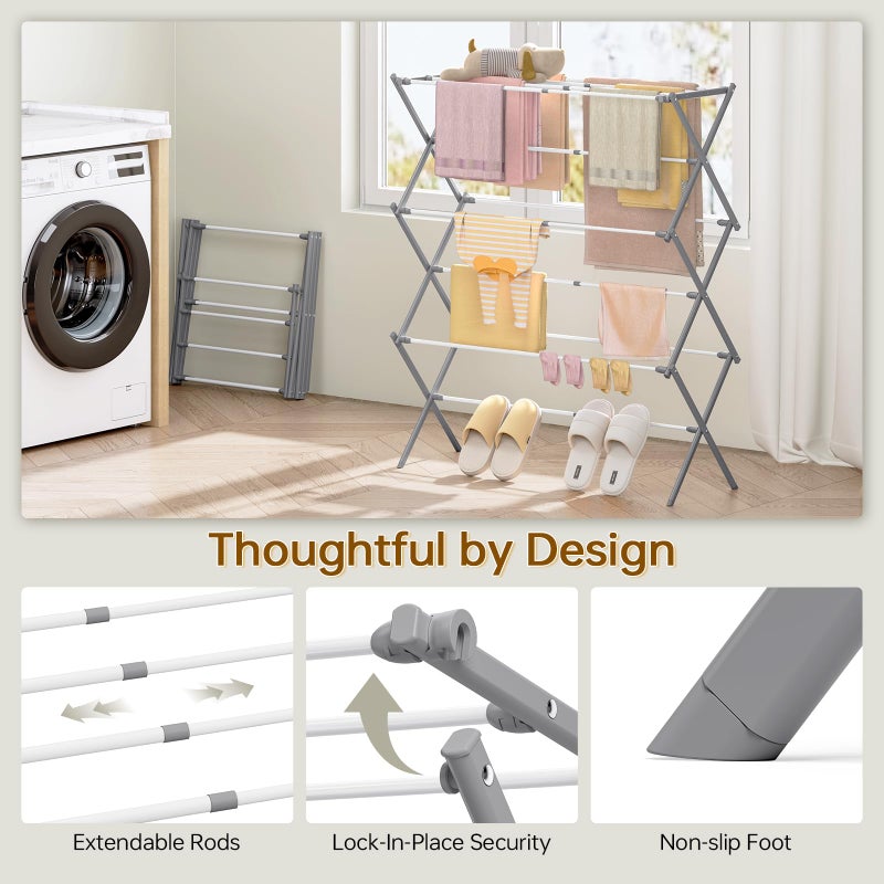 KINGBOARD Clothes Drying Rack, Collapsible Drying Rack Clothing with 11 Poles, 3-Tier Laundry Drying Rack, Small Clothes Drying Rack Foldable for Baby Clothes, 25lb Capacity, Grey - Image 2