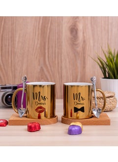 Hediye Dükkanı Gift Shop Personalized Mr Mrs Designed Double Wooden Coaster Gold Mug 