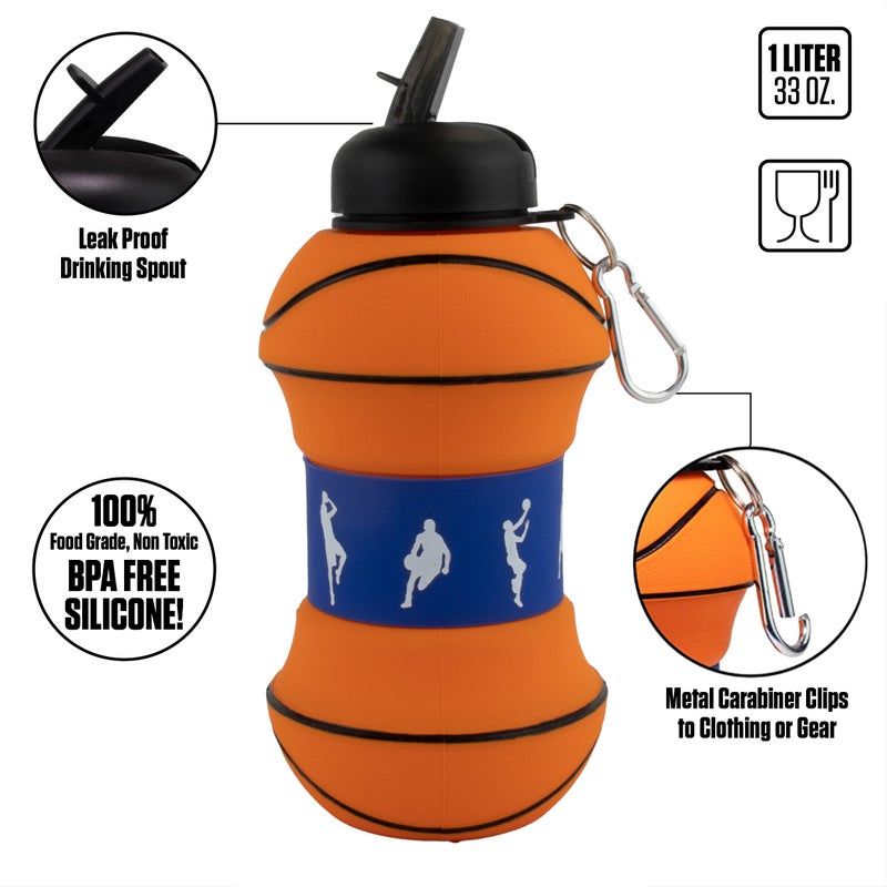 Maccabi Art Clip-On Collapsible 1 Liter  34 oz. size BPA-Free Silicone Basketball Large Water Bottle for Kids - Image 2