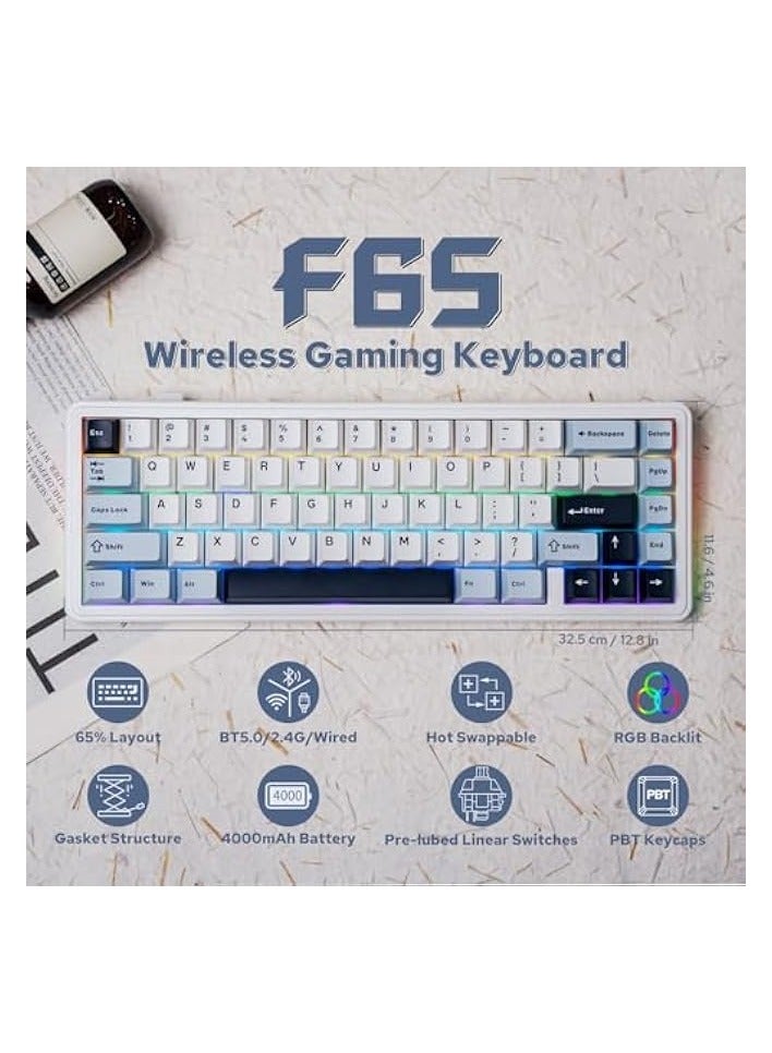 بروماس لوحة مفاتيح F65 ميكانيكية لاسلكية بنسبة 65%، لوحة مفاتيح مخصصة للألعاب قابلة للتبديل السريع مع بطانة من خمس طبقات، إضاءة خلفية RGB، بلوتوث/2.4 جيجا هرتز/USB-C (أزرق فاتح، مفتاح Graywood V3) - Image 2