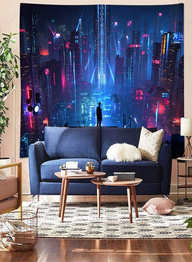 Aidatain Punk Cityscape Tapestry Skyscrapers Skyline 3D Urben Building Neon Lights Night Wall Hanging Tapestries Flannel Large Size 80" 60" for Bedroom Living Room GTWHAT102 - Image 3