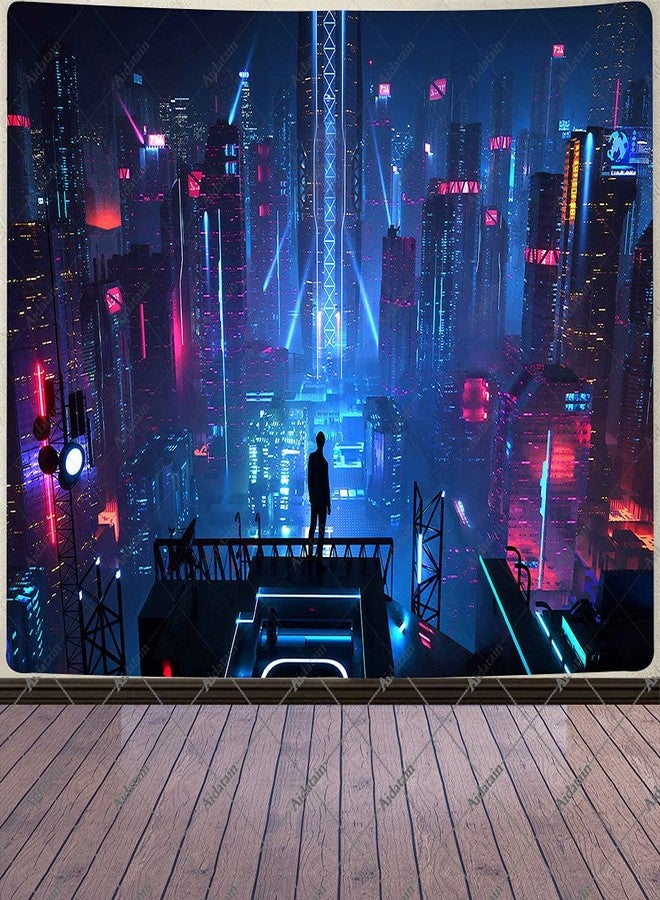 Aidatain Punk Cityscape Tapestry Skyscrapers Skyline 3D Urben Building Neon Lights Night Wall Hanging Tapestries Flannel Large Size 80" 60" for Bedroom Living Room GTWHAT102 - Image 1
