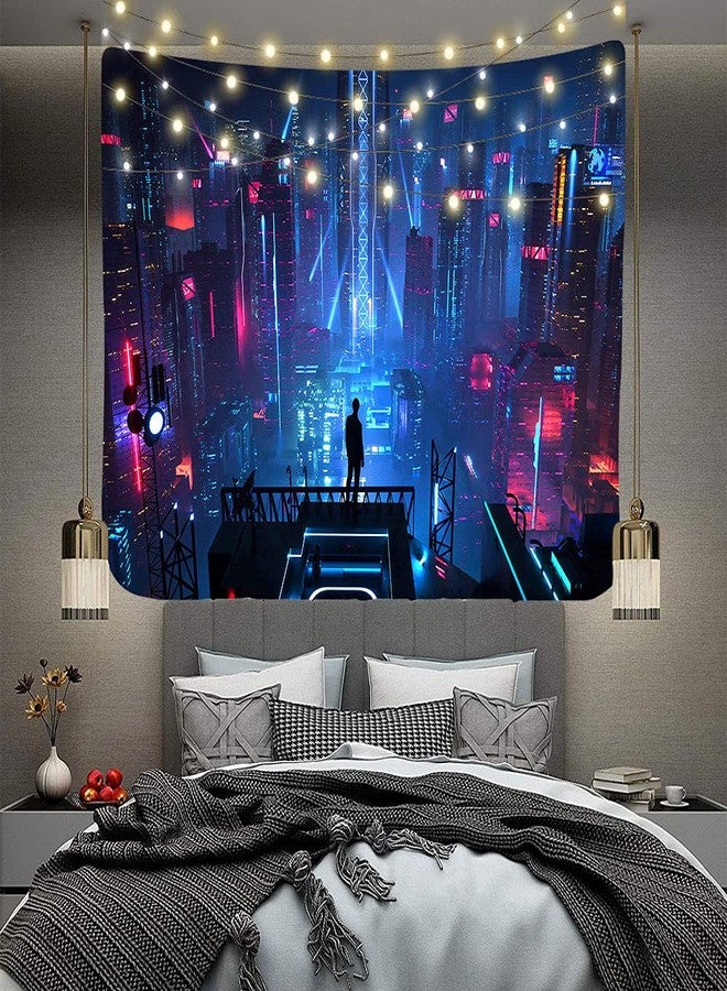 Aidatain Punk Cityscape Tapestry Skyscrapers Skyline 3D Urben Building Neon Lights Night Wall Hanging Tapestries Flannel Large Size 80" 60" for Bedroom Living Room GTWHAT102 - Image 4
