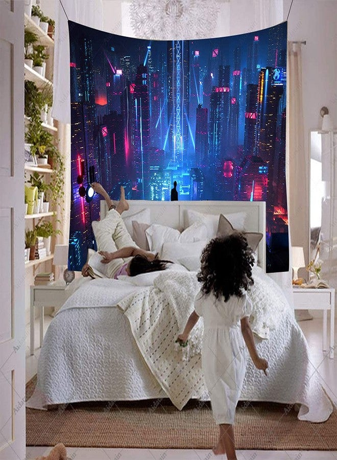 Aidatain Punk Cityscape Tapestry Skyscrapers Skyline 3D Urben Building Neon Lights Night Wall Hanging Tapestries Flannel Large Size 80" 60" for Bedroom Living Room GTWHAT102 - Image 5