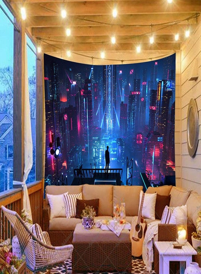 Aidatain Punk Cityscape Tapestry Skyscrapers Skyline 3D Urben Building Neon Lights Night Wall Hanging Tapestries Flannel Large Size 80" 60" for Bedroom Living Room GTWHAT102 - Image 2