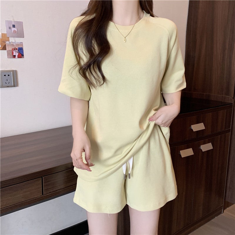 Sports-style suit Womens Summer Thin Loose Slimming plus size All-match Solid Color Short-sleeved Shorts Two-piece Set for Hair Navy blue - Image 2