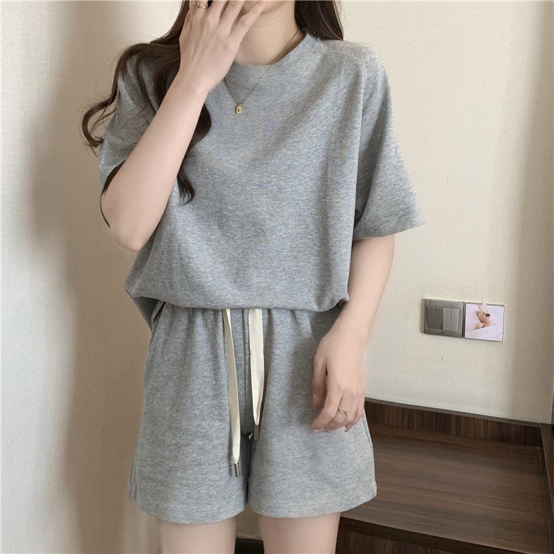 Sports-style suit Womens Summer Thin Loose Slimming plus size All-match Solid Color Short-sleeved Shorts Two-piece Set for Hair Navy blue - Image 5