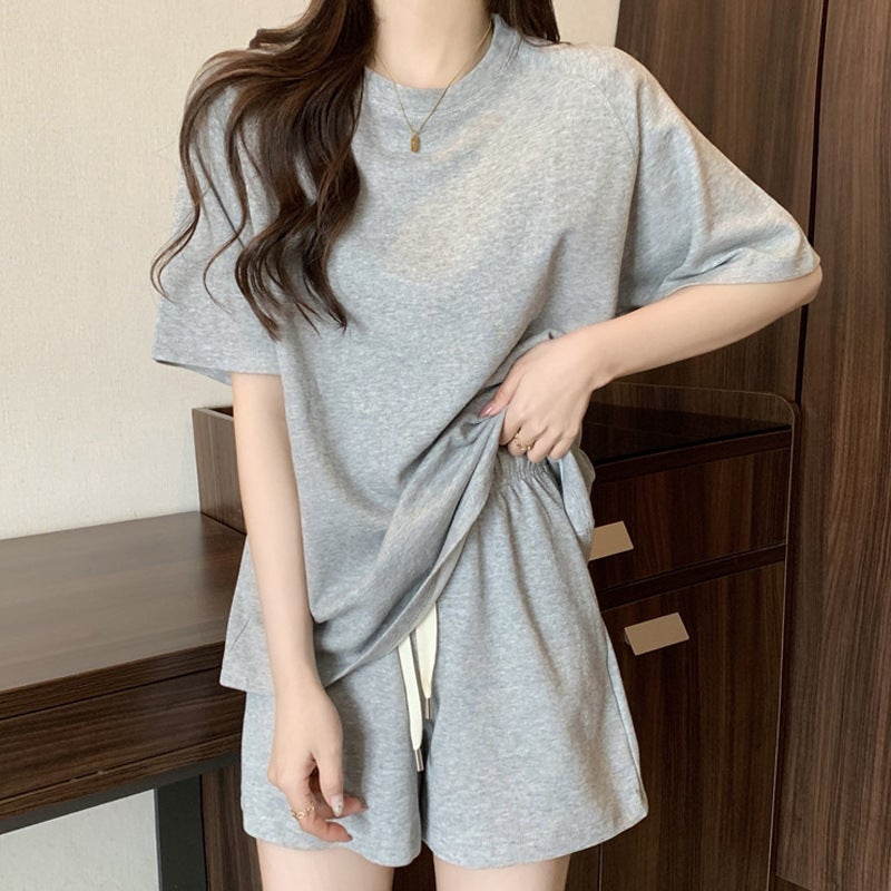 Sports-style suit Womens Summer Thin Loose Slimming plus size All-match Solid Color Short-sleeved Shorts Two-piece Set for Hair Navy blue - Image 4