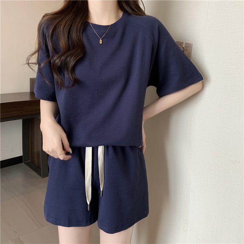 Sports-style suit Womens Summer Thin Loose Slimming plus size All-match Solid Color Short-sleeved Shorts Two-piece Set for Hair Navy blue - Image 1