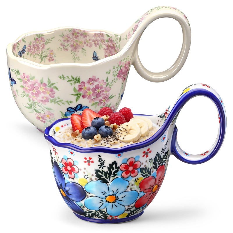 Ferrochef 2 Pack 16.9oz Soup Bowls with Loop Handle, Ceramic Microwave and Dishwasher Safe Bowls, Floral Blue Soup Bowl with Loop Handle for Hot Soups, Chilled Desserts, Camping Theme - Image 1