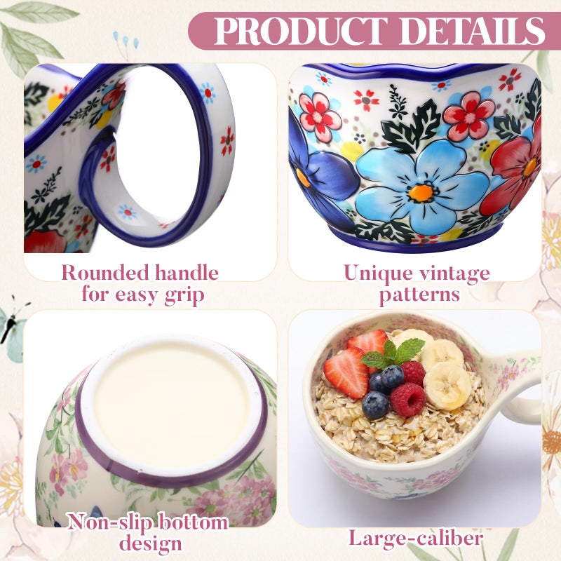 Ferrochef 2 Pack 16.9oz Soup Bowls with Loop Handle, Ceramic Microwave and Dishwasher Safe Bowls, Floral Blue Soup Bowl with Loop Handle for Hot Soups, Chilled Desserts, Camping Theme - Image 3