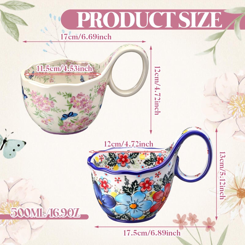 Ferrochef 2 Pack 16.9oz Soup Bowls with Loop Handle, Ceramic Microwave and Dishwasher Safe Bowls, Floral Blue Soup Bowl with Loop Handle for Hot Soups, Chilled Desserts, Camping Theme - Image 2