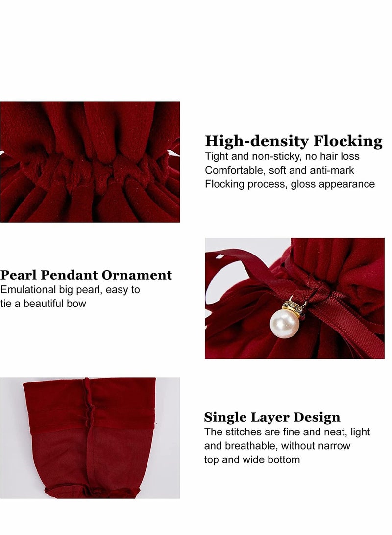 Captaintech Elegant Dark Red Velvet Drawstring Gift Pouches with Imitation Pearl Charm, Perfect for Jewelry & Candy, 12 Pcs, 13.2 x 14 cm, Ideal for Weddings & Birthdays - Image 3